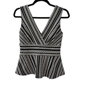 Vanessa Virginia Black & Off White Plunge Neck Peplum Sleeveless Top